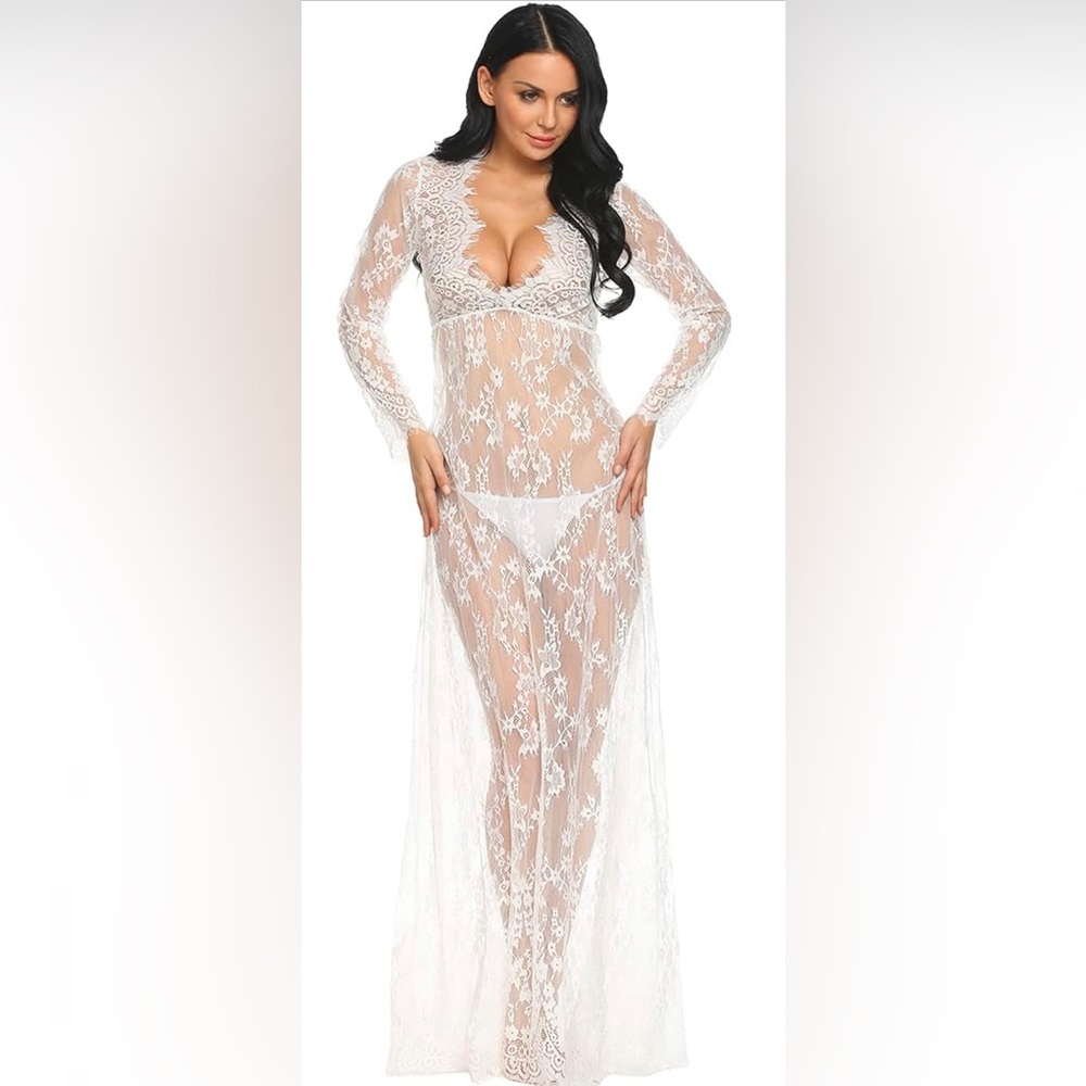 Sexy Deep V-Neck Long Sleeve Lace Beach See-Through Maxi Dress